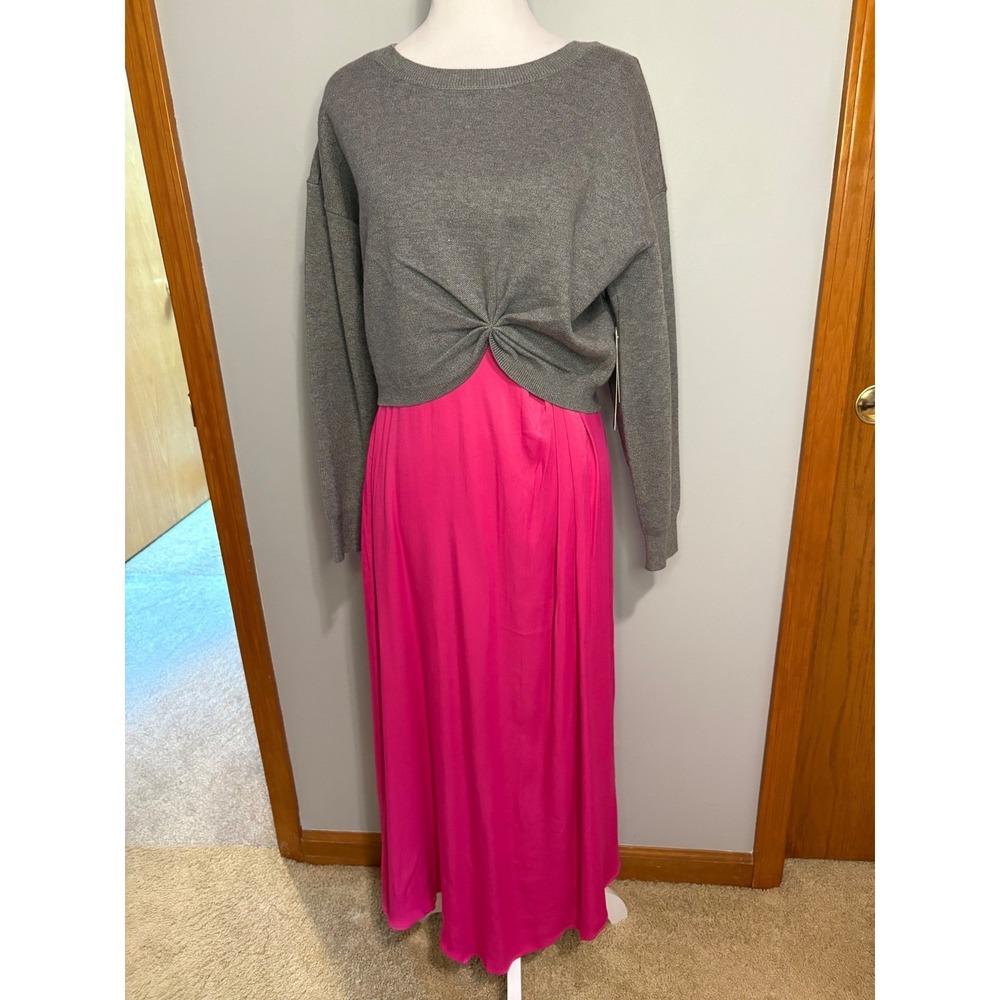 Anthropologie Gemini Twofer Sweater Dress Set Grey pink asymmetrical maxi